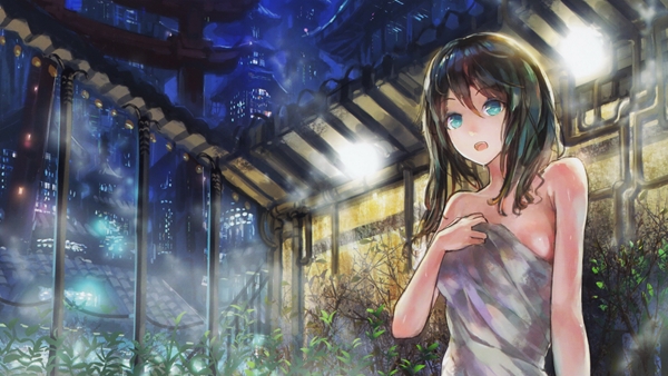 night lights blue eyes bathing long hair outdoors buildings plants towels open mouth anime girls cities black hair scans original characters bare shoulders  / 4000x2250 Wallpaper; SFW 